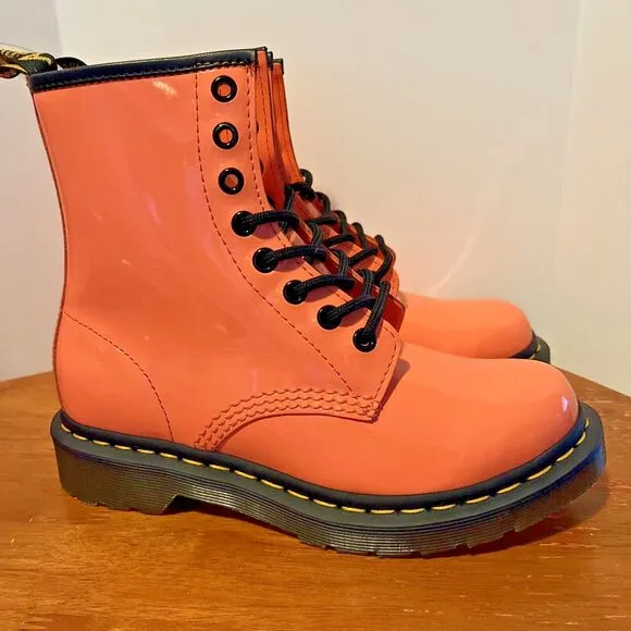 Dr. Martens Women's 6 Boot 8 Eye Lace Up 1460 Patent Leather Pink Coral Lucido