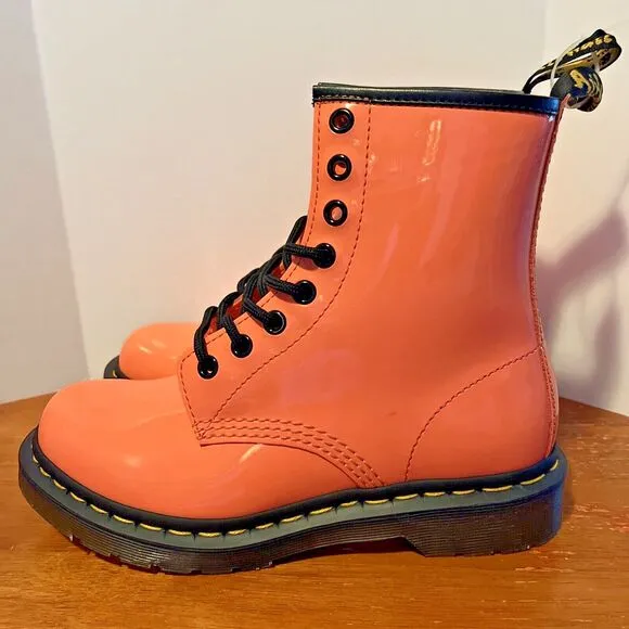 Dr. Martens Women's 6 Boot 8 Eye Lace Up 1460 Patent Leather Pink Coral Lucido