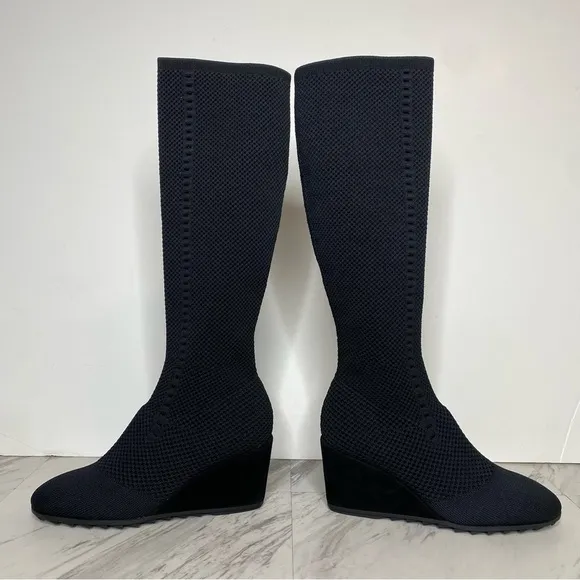Eileen Fisher Kasana Black Knit Wedge Heel Tall Boot 7