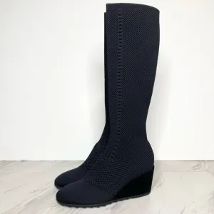 Eileen Fisher Kasana Black Knit Wedge Heel Tall Boot 7