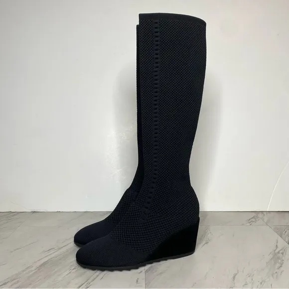 Eileen Fisher Kasana Black Knit Wedge Heel Tall Boot 7