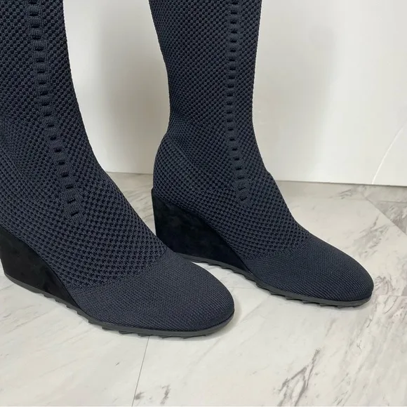 Eileen Fisher Kasana Black Knit Wedge Heel Tall Boot 7