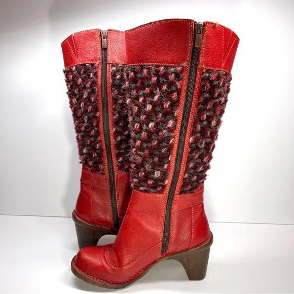 El Naturalista Women’s Red Leather Heeled Knit Boots Size EU 37 US 6.5