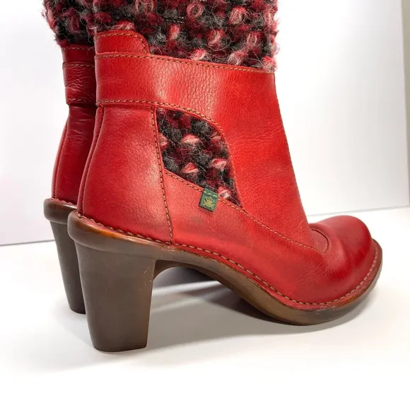 El Naturalista Women’s Red Leather Heeled Knit Boots Size EU 37 US 6.5