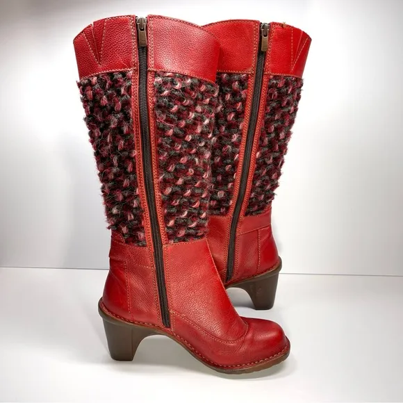 El Naturalista Women’s Red Leather Heeled Knit Boots Size EU 37 US 6.5