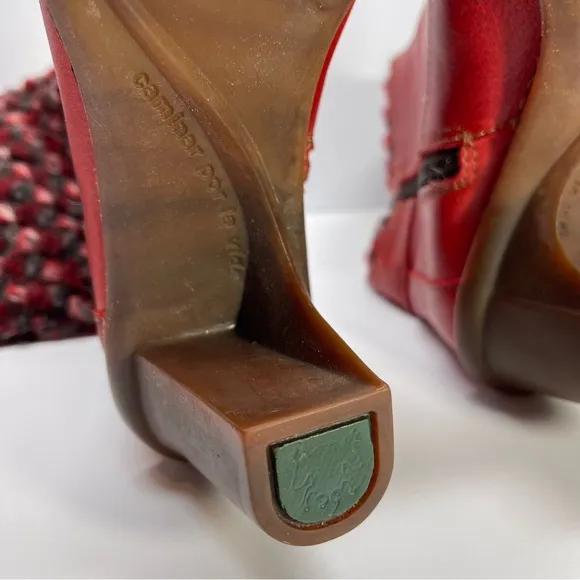 El Naturalista Women’s Red Leather Heeled Knit Boots Size EU 37 US 6.5