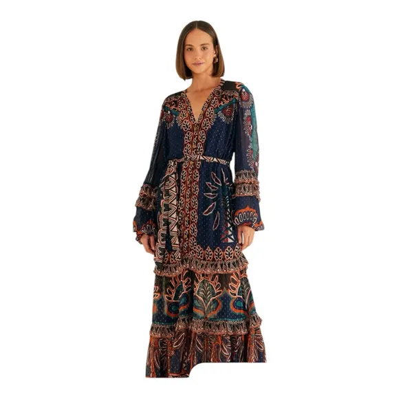 Farm Rio Ainika Tapestry Maxi Dress Blue Multi Size Small V Neck