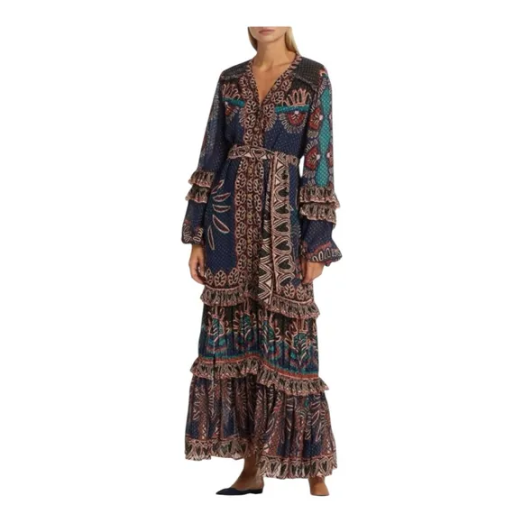 Farm Rio Ainika Tapestry Maxi Dress Blue Multi Size Small V Neck