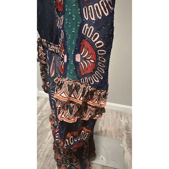 Farm Rio Ainika Tapestry Maxi Dress Blue Multi Size Small V Neck