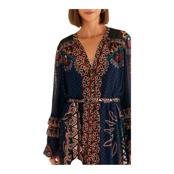 Farm Rio Ainika Tapestry Maxi Dress Blue Multi Size Small V Neck