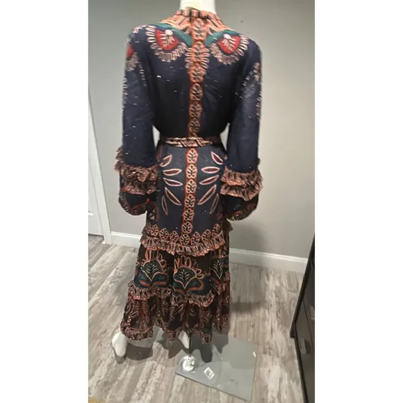 Farm Rio Ainika Tapestry Maxi Dress Blue Multi Size Small V Neck