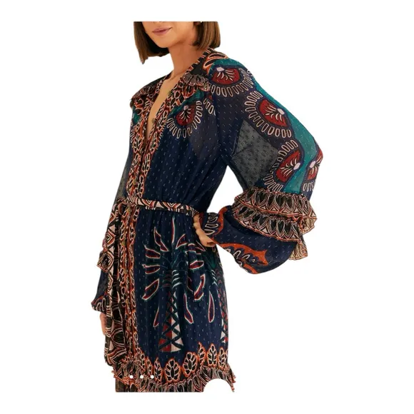 Farm Rio Ainika Tapestry Maxi Dress Blue Multi Size Small V Neck