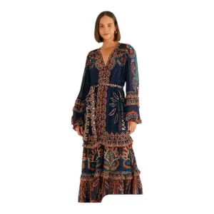 Farm Rio Ainika Tapestry Maxi Dress Blue Multi Size Small V Neck