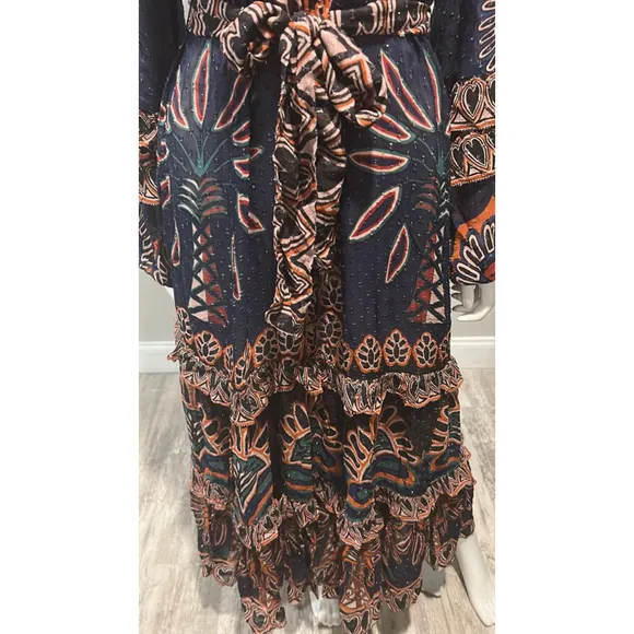 Farm Rio Ainika Tapestry Maxi Dress Blue Multi Size Small V Neck
