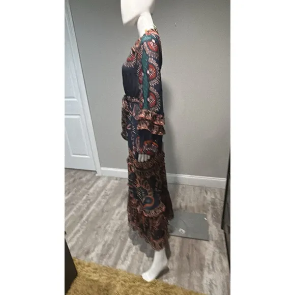 Farm Rio Ainika Tapestry Maxi Dress Blue Multi Size Small V Neck