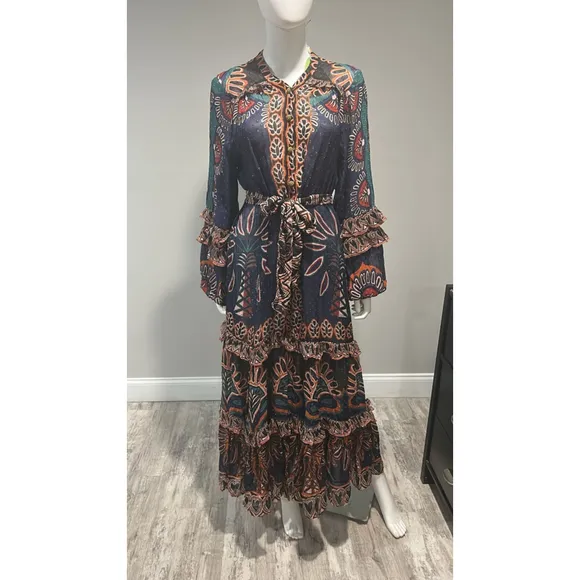 Farm Rio Ainika Tapestry Maxi Dress Blue Multi Size Small V Neck