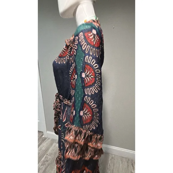 Farm Rio Ainika Tapestry Maxi Dress Blue Multi Size Small V Neck