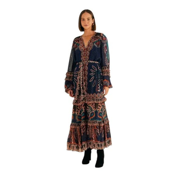 Farm Rio Ainika Tapestry Maxi Dress Blue Multi Size Small V Neck