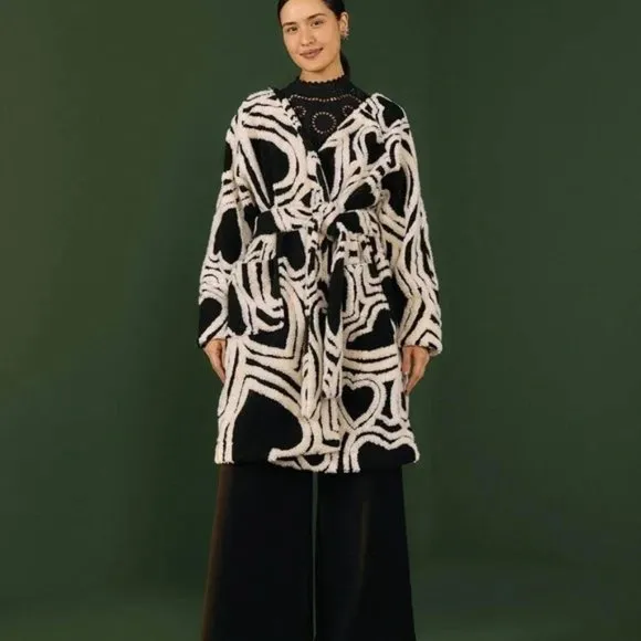 Farm Rio Black And White Wild Hearts Fleece Coat