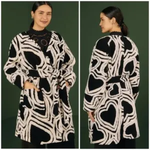 Farm Rio Black And White Wild Hearts Fleece Coat
