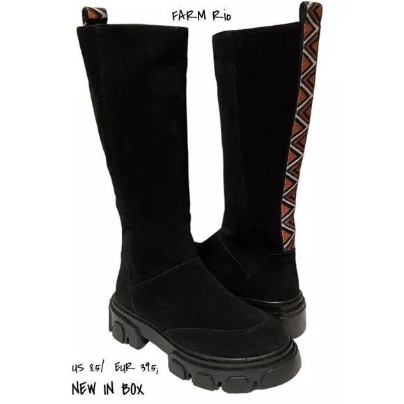 Farm Rio Knee High Lug Sole Suede Tall Boots Black Size US 8.5 / 39.5 New In Box
