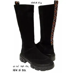 Farm Rio Knee High Lug Sole Suede Tall Boots Black Size US 8.5 / 39.5 New In Box