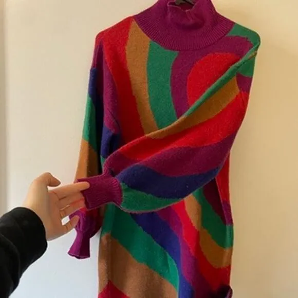 Farm Rio Rainbow Wild Hearts Sweater Dress Sz S Mock Neck Bubble Sleeve Mini