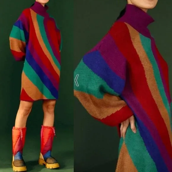 Farm Rio Rainbow Wild Hearts Sweater Dress Sz S Mock Neck Bubble Sleeve Mini
