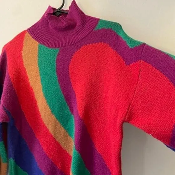 Farm Rio Rainbow Wild Hearts Sweater Dress Sz S Mock Neck Bubble Sleeve Mini