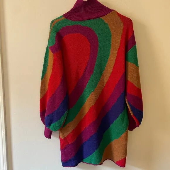 Farm Rio Rainbow Wild Hearts Sweater Dress Sz S Mock Neck Bubble Sleeve Mini