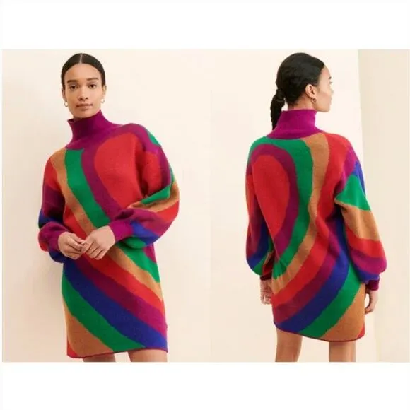Farm Rio Rainbow Wild Hearts Sweater Dress Sz S Mock Neck Bubble Sleeve Mini