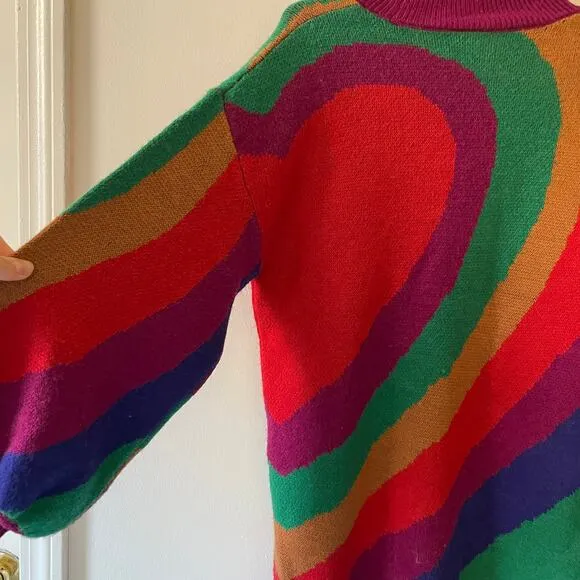 Farm Rio Rainbow Wild Hearts Sweater Dress Sz S Mock Neck Bubble Sleeve Mini