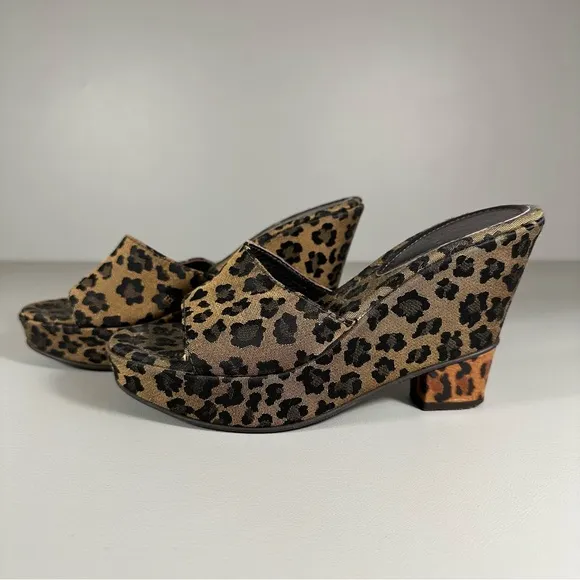 Fendi Brown Black Leopard Print Wedge Slide Sandals
