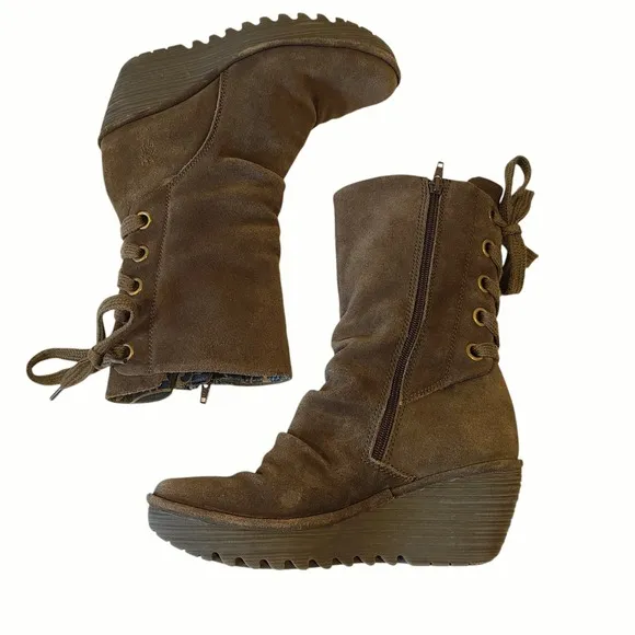 Fly London Yada Green Suede Wedge Boots Size 39 8-8.5 US  Lace back Mid Calf