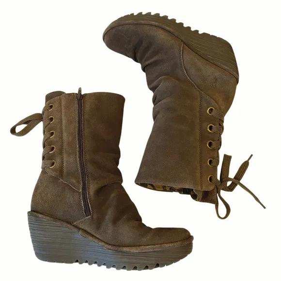 Fly London Yada Green Suede Wedge Boots Size 39 8-8.5 US  Lace back Mid Calf