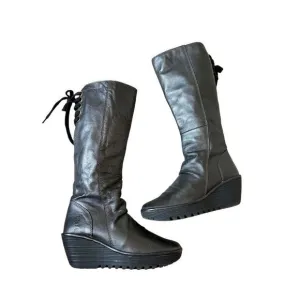Fly London Yust Tall Wedge Leather Boots size EU 39 US 8-8.5 Silver