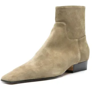 FOWT Women Square Toe Side Zipper Ankle Boot Block Low Heel Short Boots Khaki