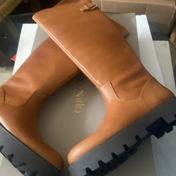 Franco Sarto Balin leather cognac tall lug sole boots