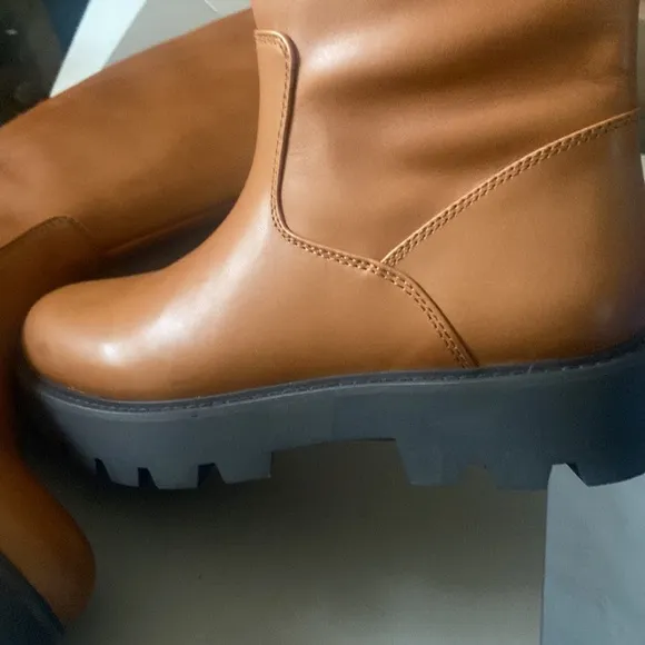 Franco Sarto Balin leather cognac tall lug sole boots