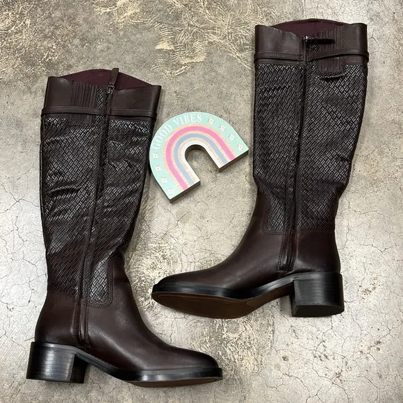 Franco Sarto brown leather tall boots weave look