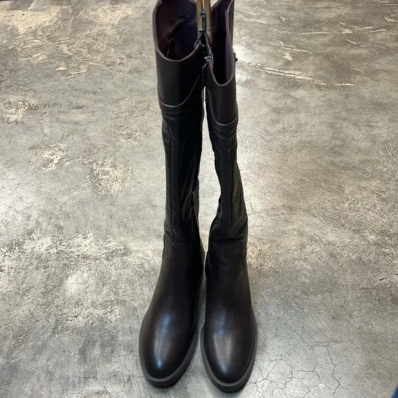 Franco Sarto brown leather tall boots weave look