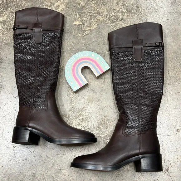 Franco Sarto brown leather tall boots weave look