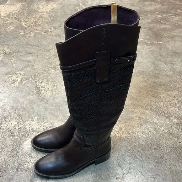 Franco Sarto brown leather tall boots weave look