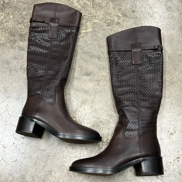 Franco Sarto brown leather tall boots weave look