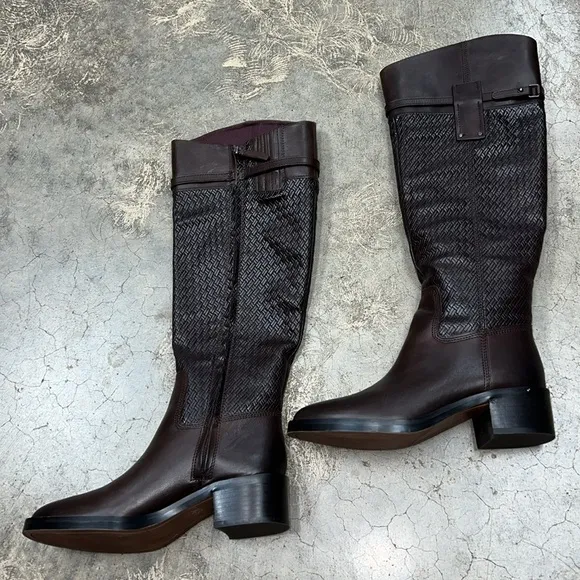 Franco Sarto brown leather tall boots weave look
