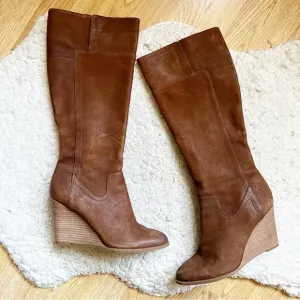 Franco Sarto: Cognac Suede Wedge Almond Toe Knee High Boots Size 10