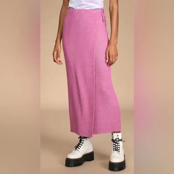 Free people Borderline Pink Ribbed Knit Wrap Midi Skirt