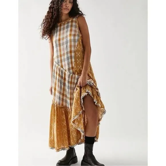 Free People No Stress Midi Dress Plaid Mixed Print in Autumn Size M