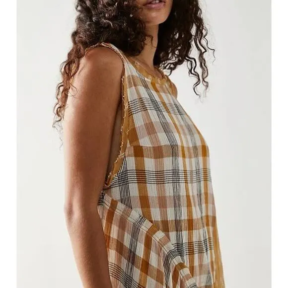 Free People No Stress Midi Dress Plaid Mixed Print in Autumn Size M