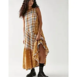 Free People No Stress Midi Dress Plaid Mixed Print in Autumn Size M